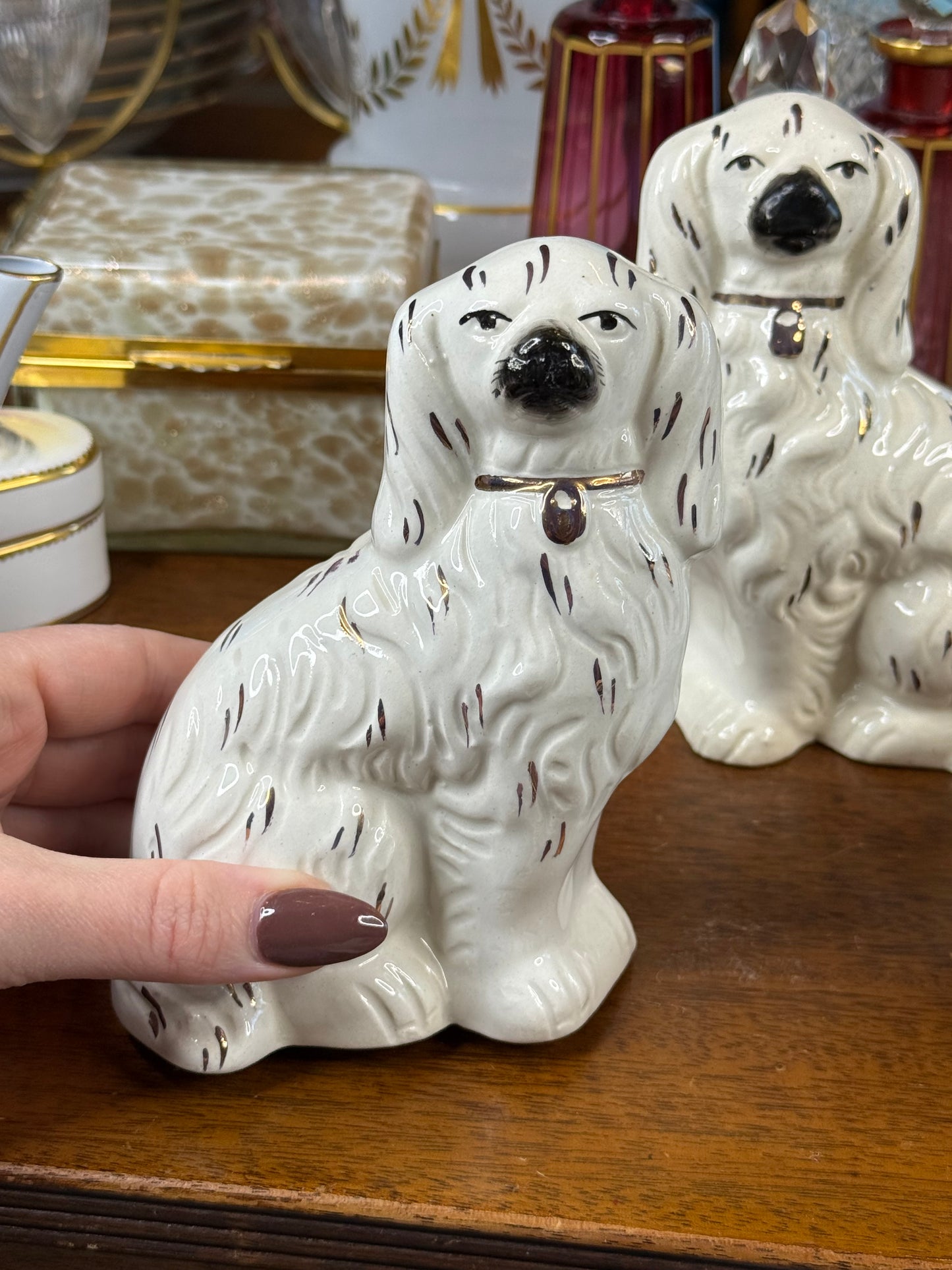 Antique Staffordshire White Copper Lustre Dog Pair | 5.5” Tall | England