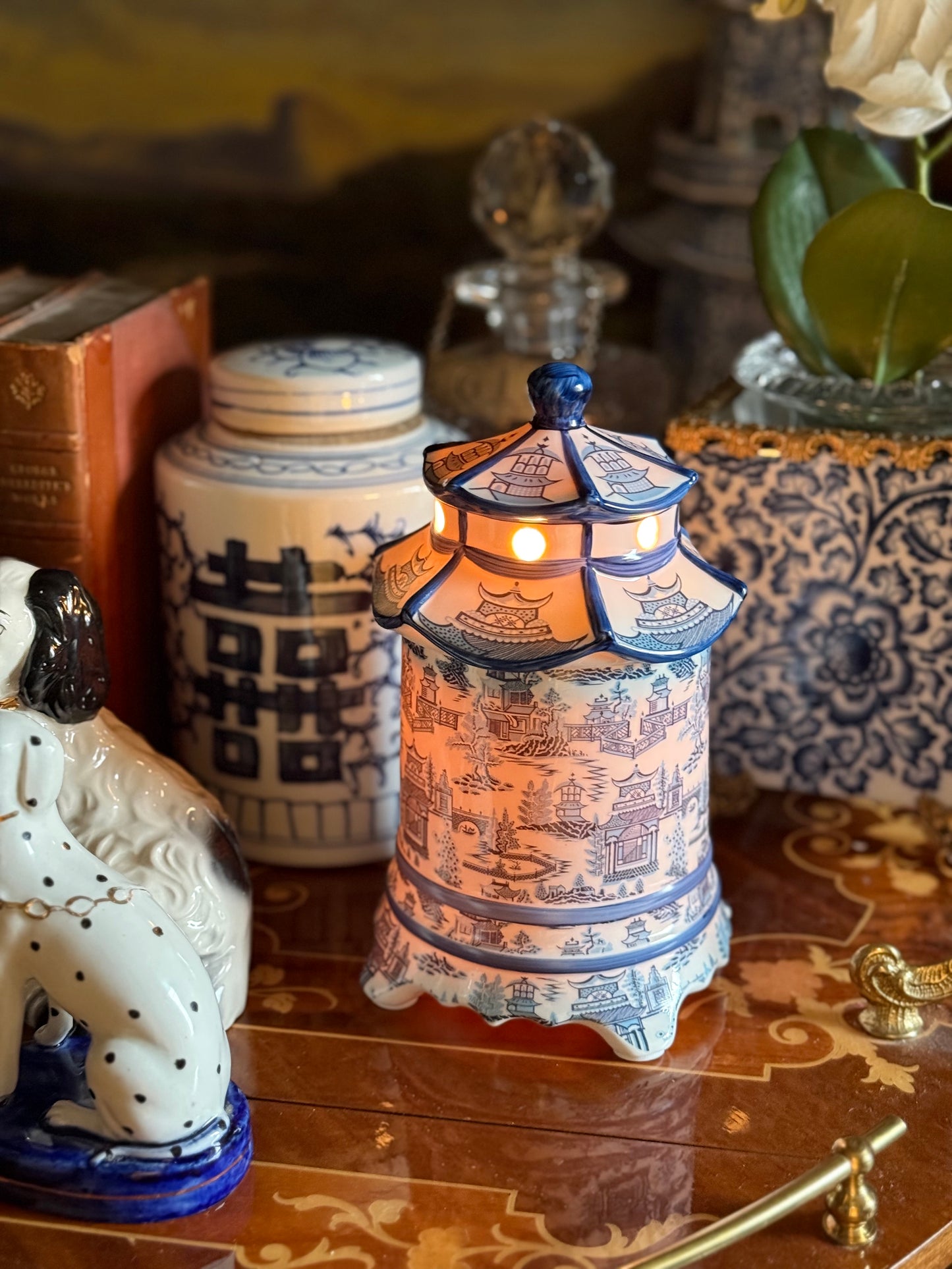 Danny’s Fine Porcelain: Blue & White Pagoda Lidded Lamp: 4.5L X 4.5W X 8H