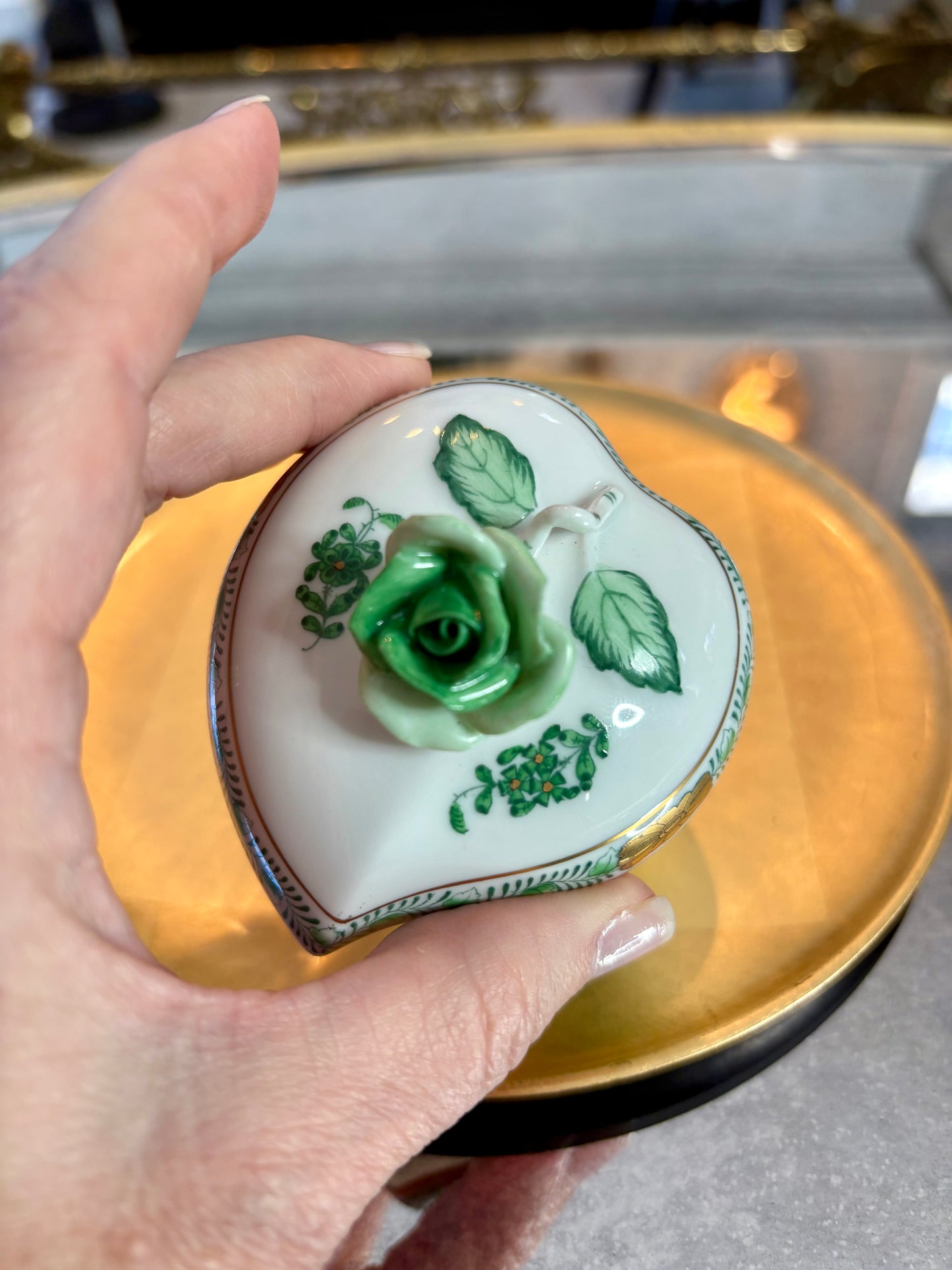 Reserved for LH Herend Green Apponyi Heart Shaped Box with Rose Finial