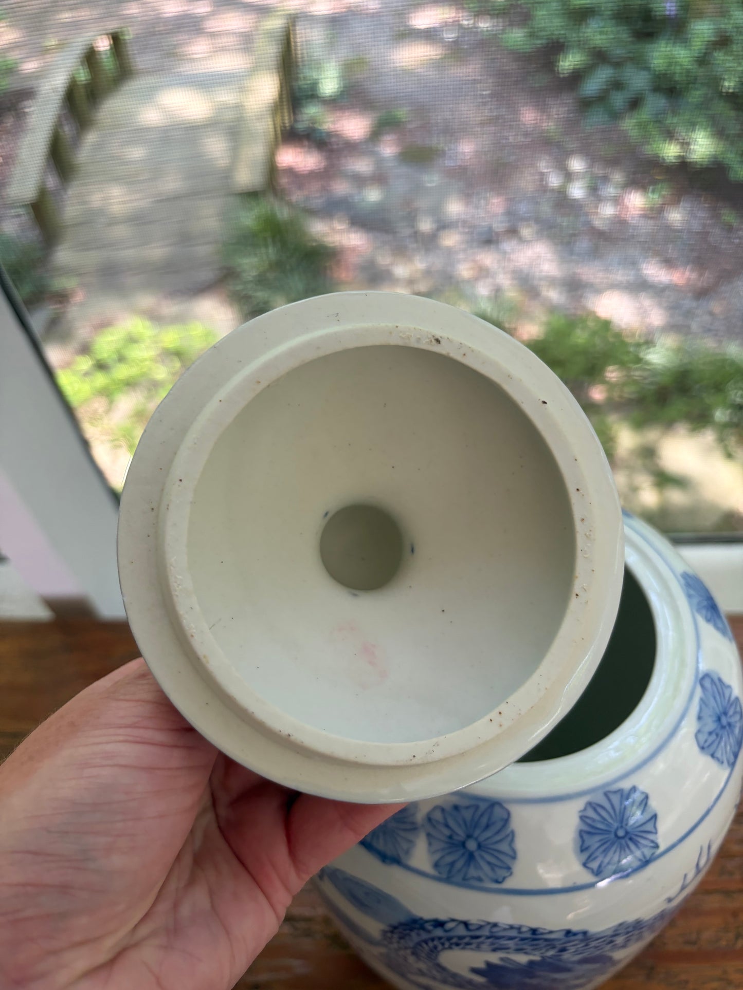 Chinoiserie blue and white lidded jar with dragons!