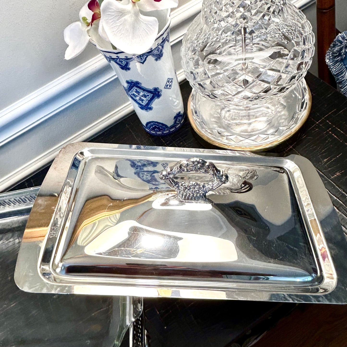 Vintage silver plate chippendale baroque casserole server with glass insert and lid