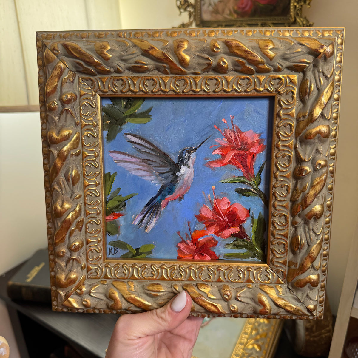 Hummingbird and red flowers original oil painting framed in wooden gold frame 9.5x9.5”
