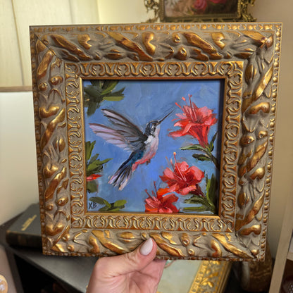 Hummingbird and red flowers original oil painting framed in wooden gold frame 9.5x9.5”
