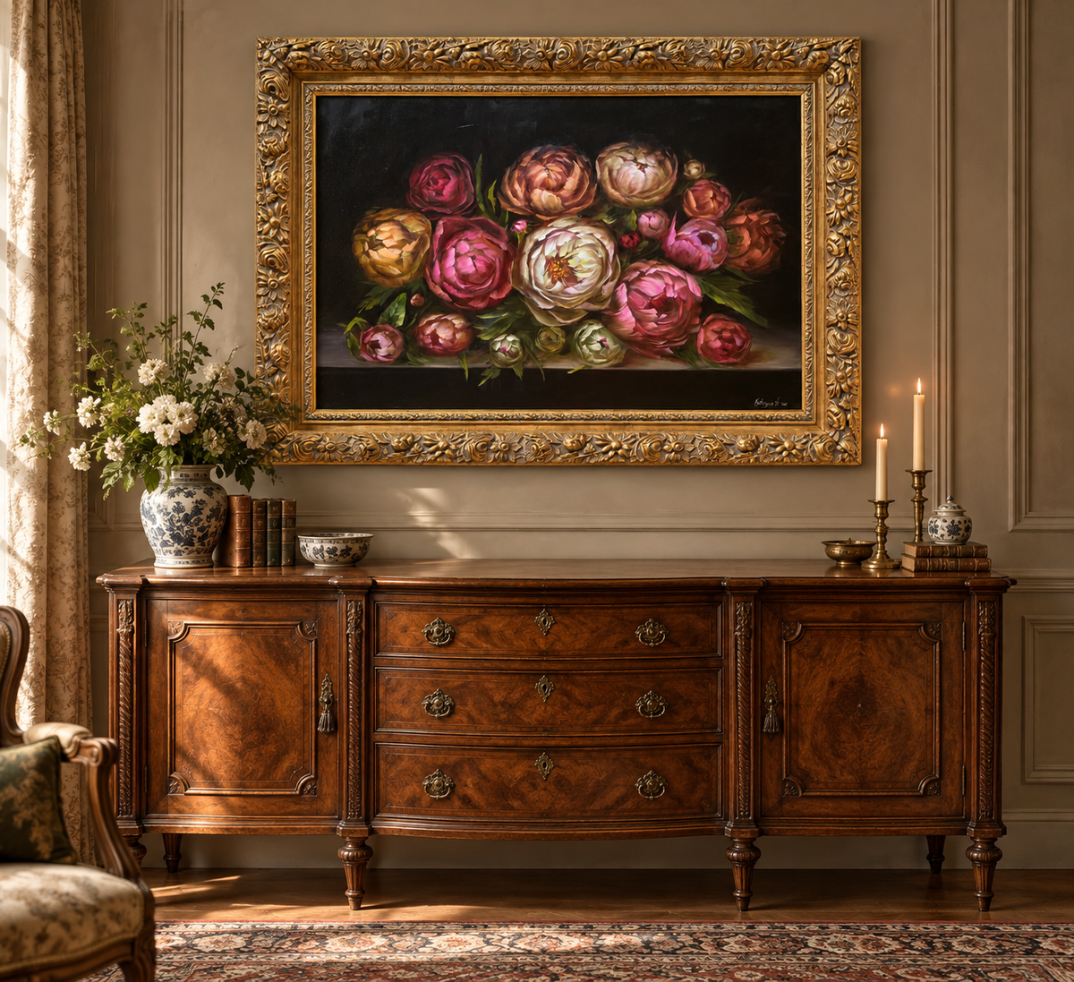 Large Peony Oil Painting in Ornate Gold Frame 44 x 36