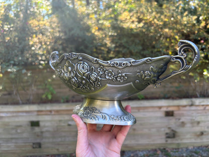 Beautiful ornate floral compote pedestal oval bowl with handles!