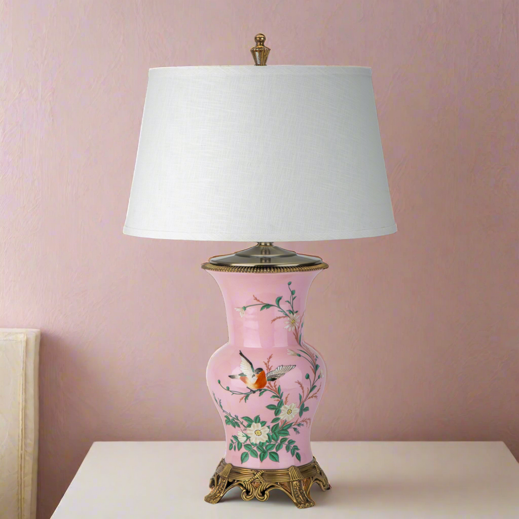 Danny's Fine Porcelain: Pink Porcelain Floral And Bird Pattern Round Vase Lamp With Bronze Ormolu In Pink Garden Collection - 17LX17HX29H