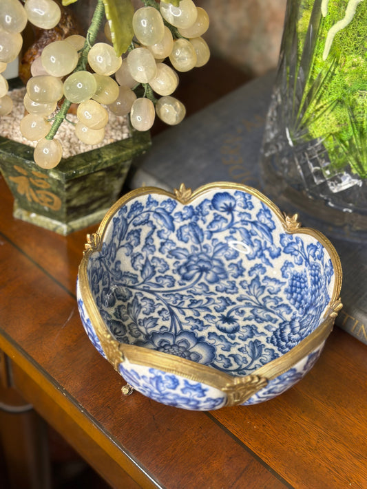 Danny's Fine Porcelain - Stunning Blue & White Floral Bronze Footed Bowl!