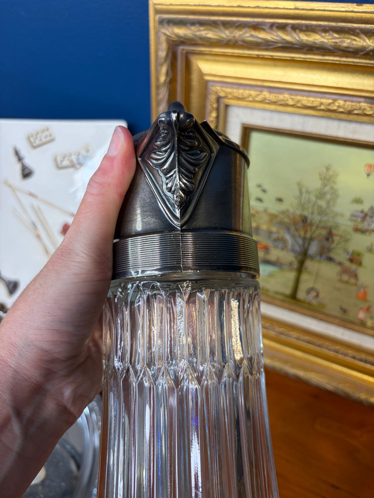 Vintage carafe cut glass pitcher with silver top!