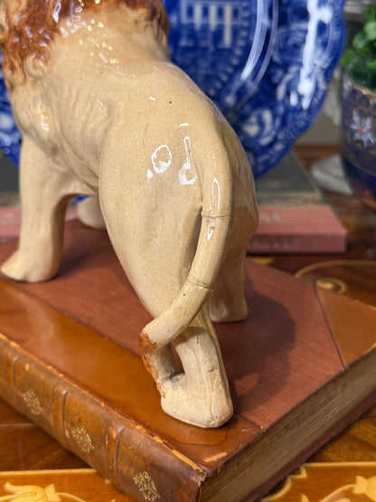 RESERVED - LION - Antique Staffordshire Lion Figure | English Pottery Mantel Ornament | 9” Wide