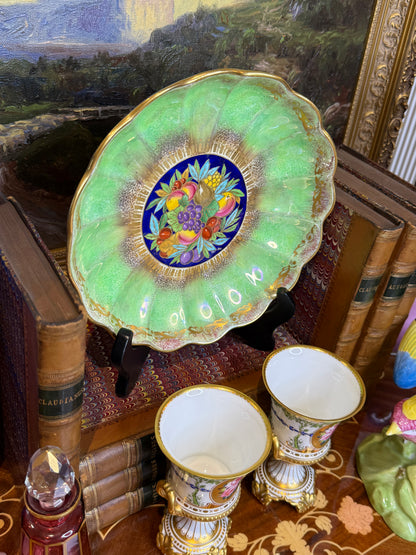 Antique Minton Hand-Painted Cabinet Plate with Fruit Center & Iridescent Green Border | 9”