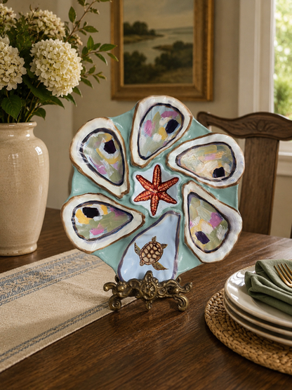 Hand painted 9.5” oyster plate