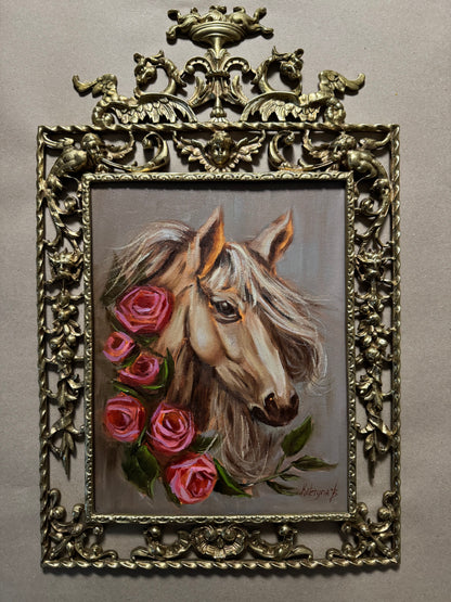 Horse painting in antique frame
