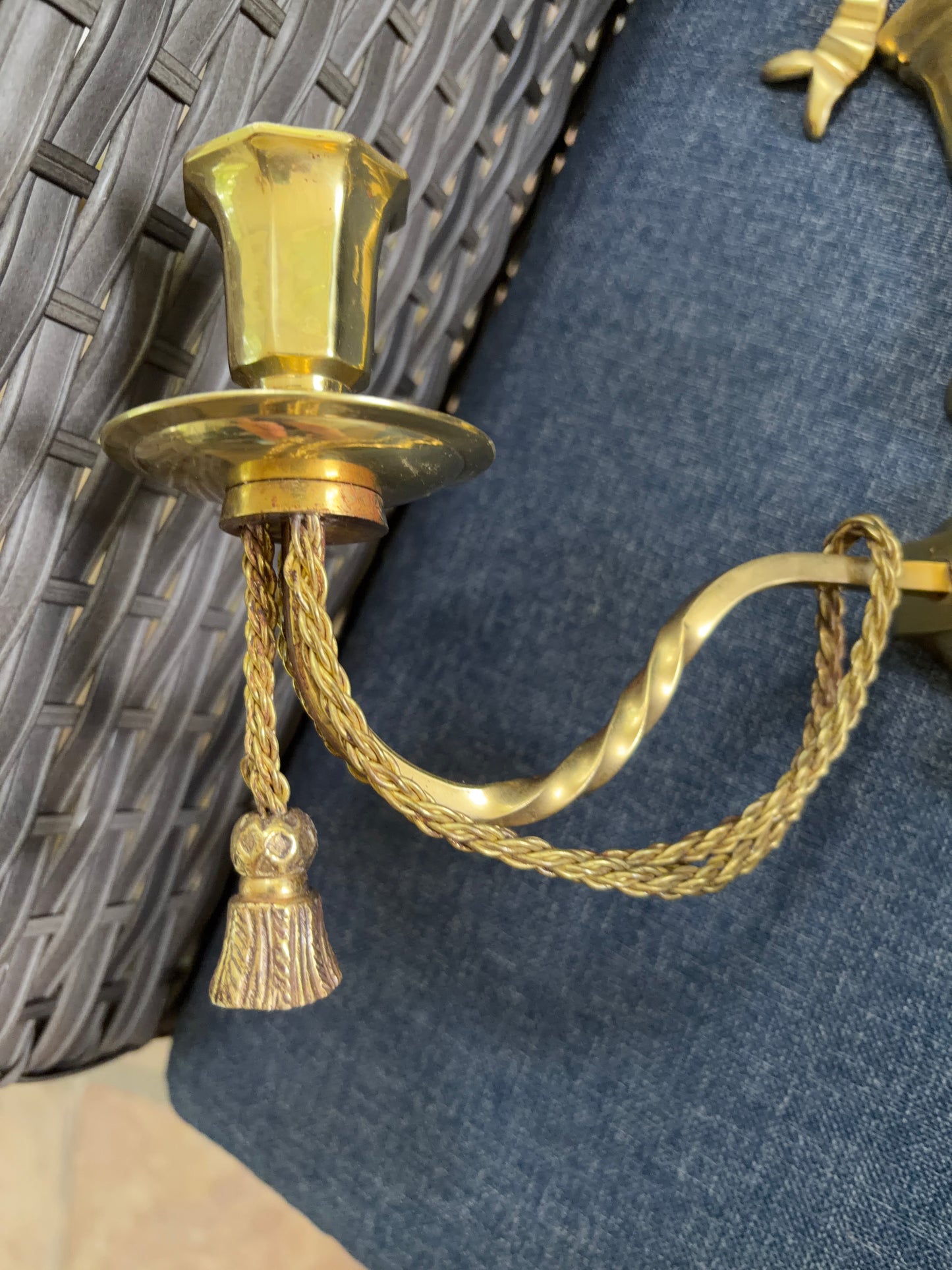 Lovely brass bow sconces with rope and tassel designs pair!