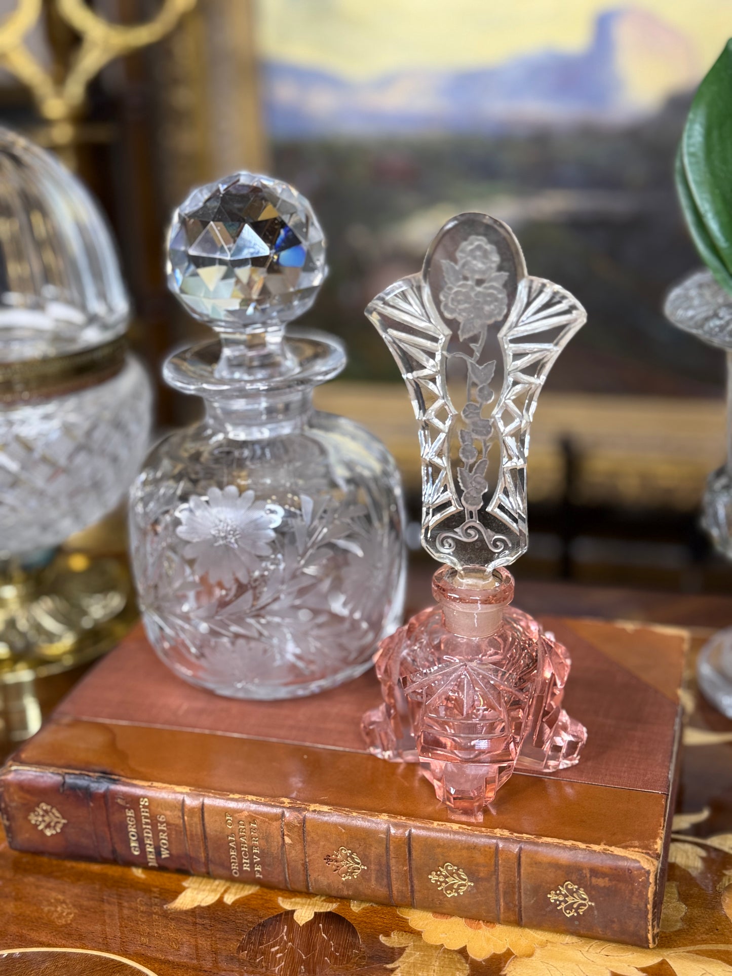 Antique Czechoslovakian Pink Cut Crystal Perfume Bottle with Etched Floral Stopper | 6.5” Tall