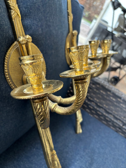 Gorgeous brass wall 25” candleholder sconces with floral and tassel details pair!