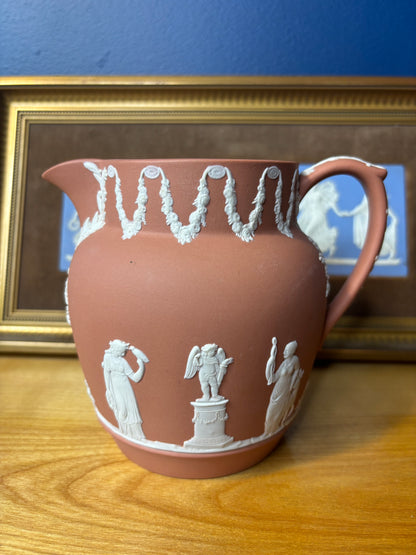 Wedgwood Jasperware terracotta pitcher with gorgeous floral borders!