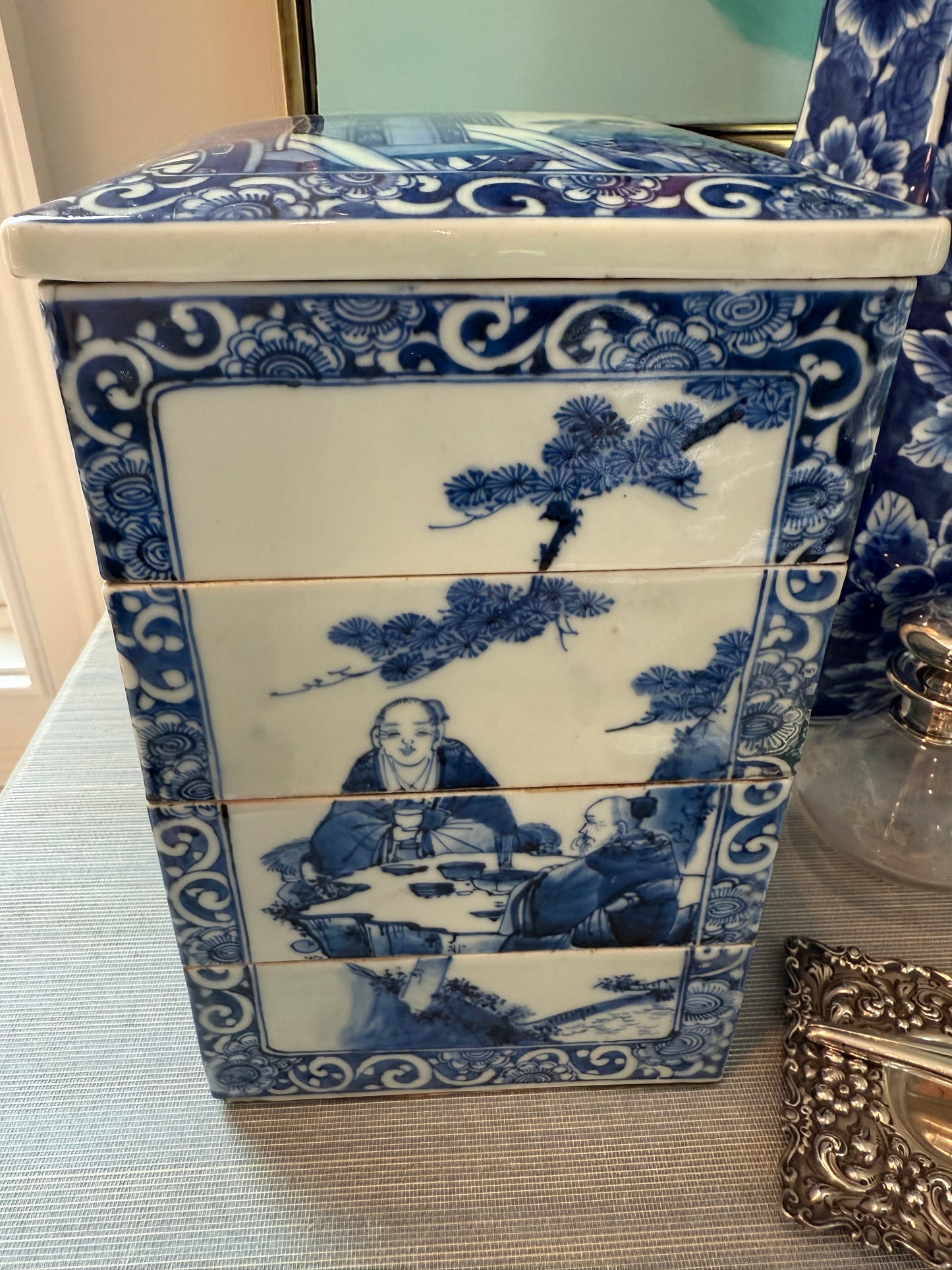 Antique Japanese Porcelain Blue & White 4 Sided Stacking Jubaku Boxes