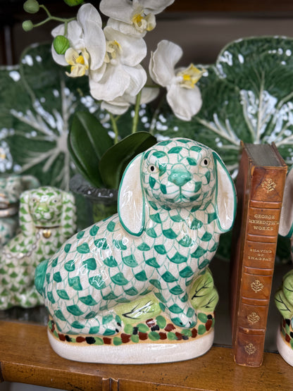 Danny's Fine Porcelain: Staffordshire Bunny Hare Pair in Green Fishnet – Hand-Painted Porcelain with Gold Detail, 8Lx4Wx8.5H" #41430