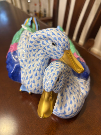 Stunning Herend Loving Ducks in blue and white fishnet with gold and vibrant colors!