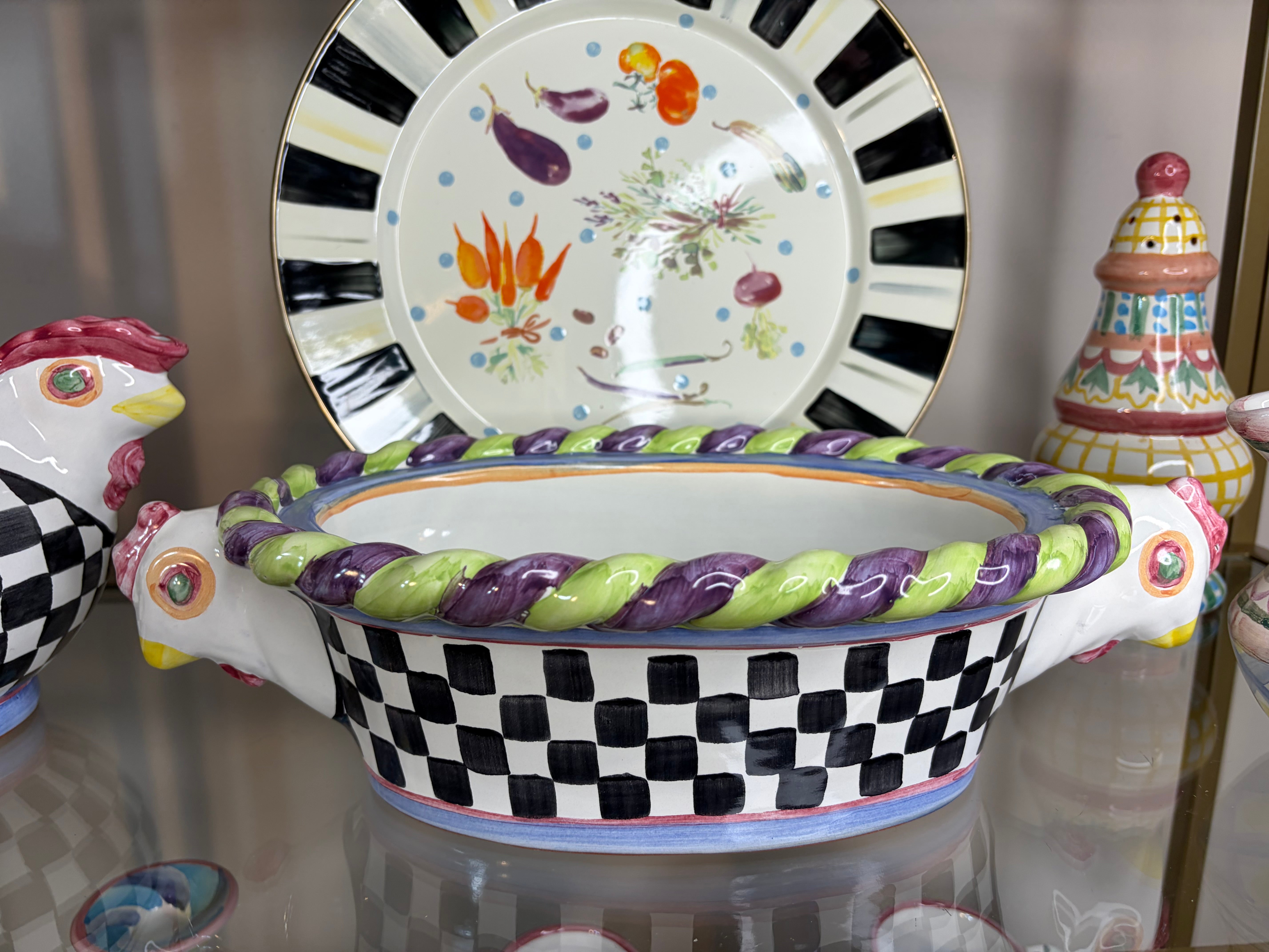 Mackenzie-Childs Piccadilly Chicken 15” casserole dish with lid