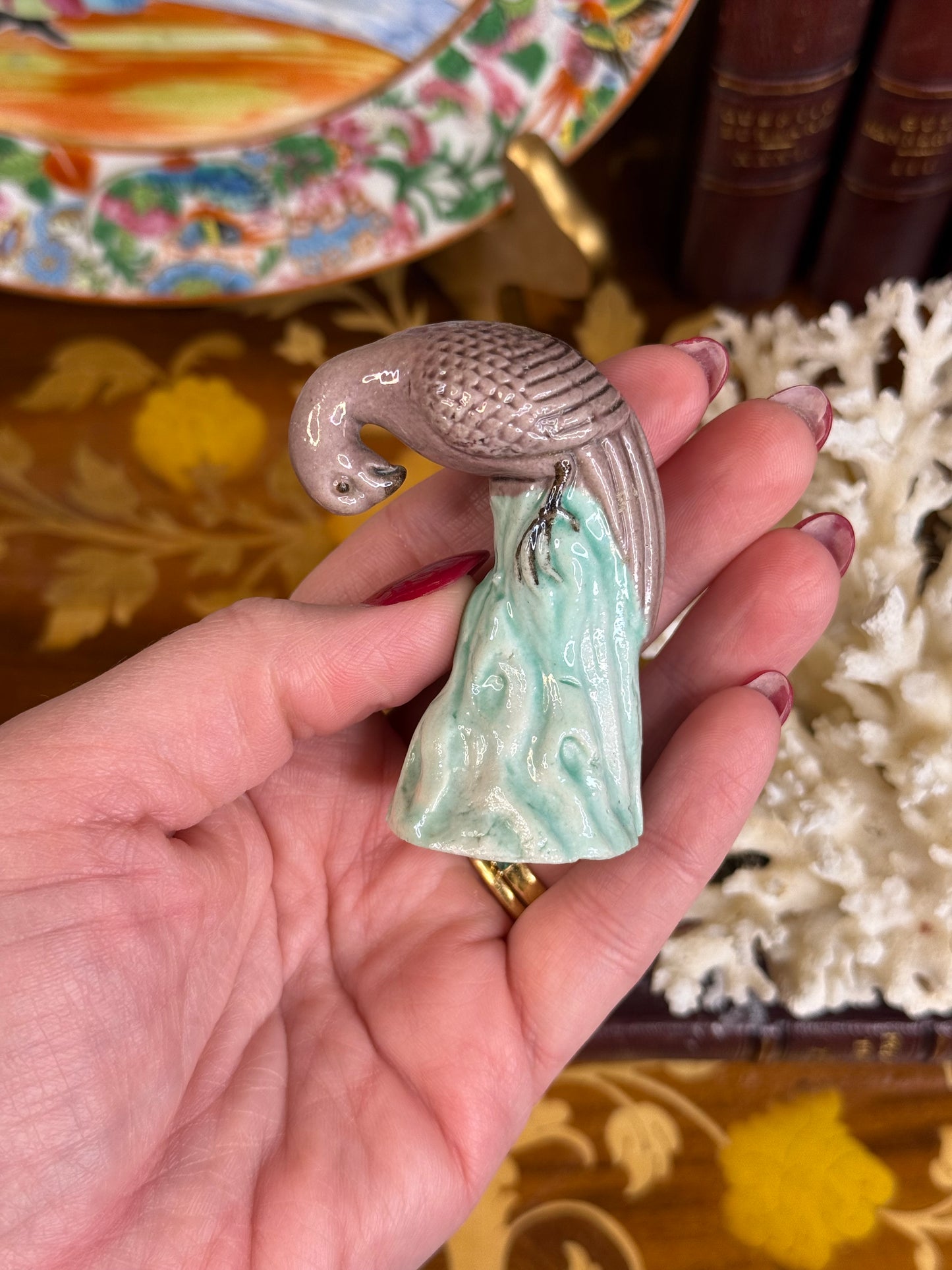 Miniature Chinese Porcelain Bird on Celadon Rock | Mid-Century Export Figurine, 2.5” Tall