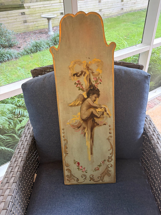 Gorgeous Italian handpainted panel featuring cherub and florals!