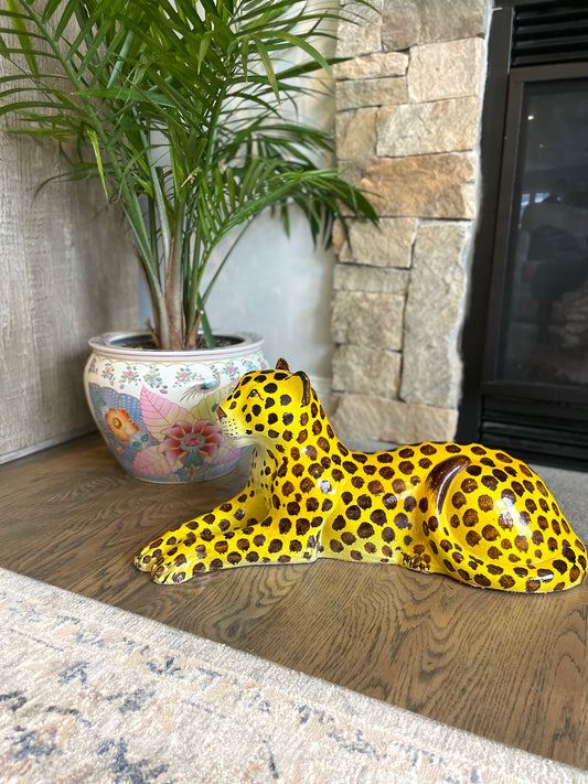 Reserved for Cynthia- Vintage 24” Lying Leopard Ceramic Sculpture Hand Painted Circa 1970’s - Pristine!