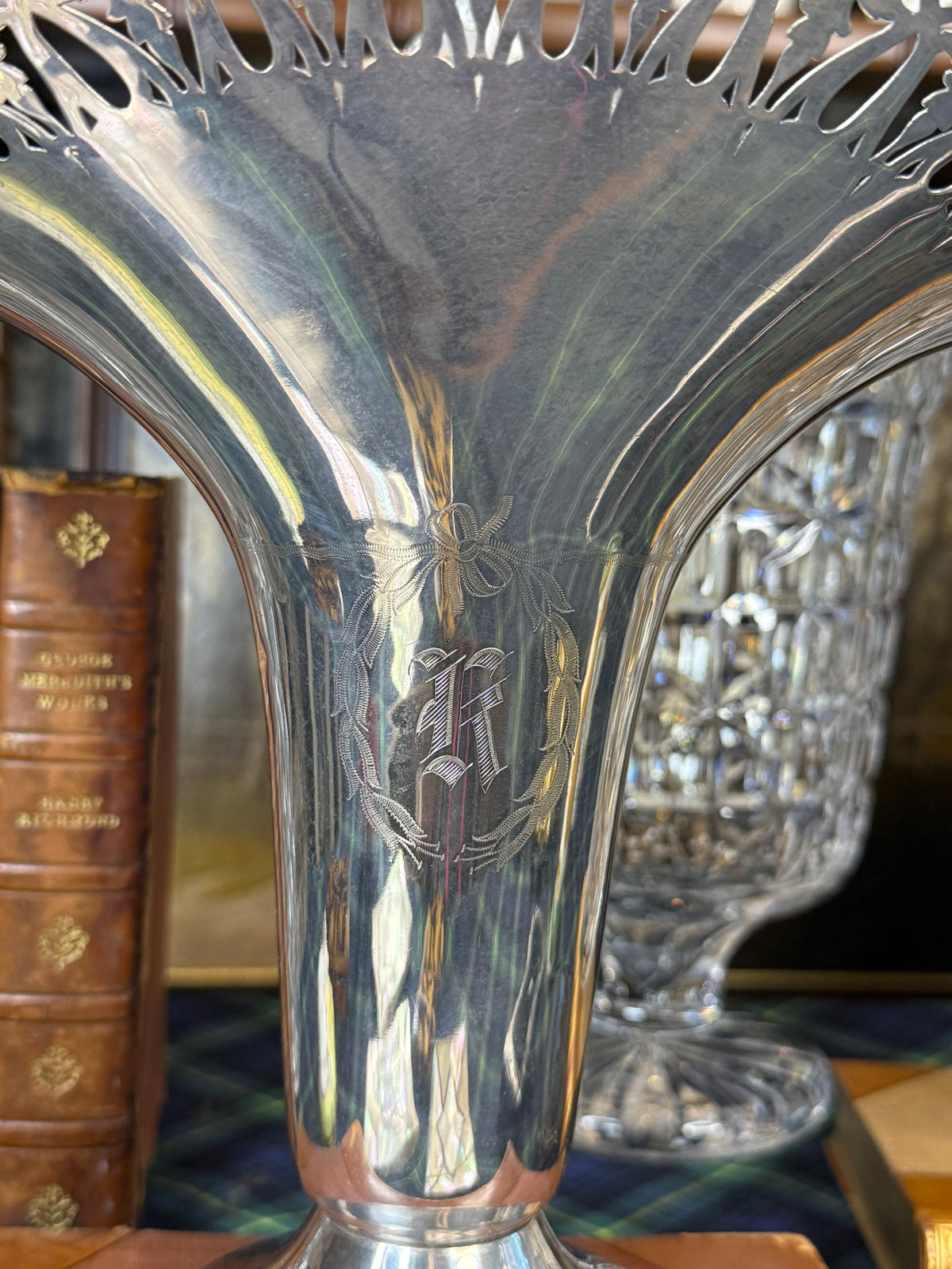 Antique Silver Deposit on Nickel Silver Pierced Floral Basket | Engraved K Monogram | 16” H