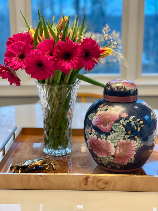 Vintage Blue & Pink Floral Lidded 9” Ginger Jar