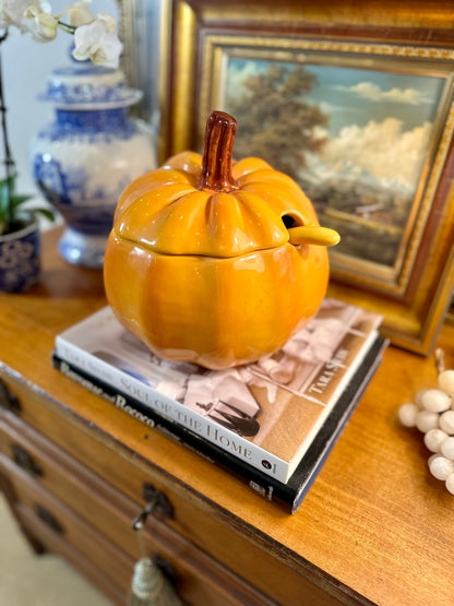 Festive Figural Pumpkin Tureen with Lid & Ladle 3-piece Set, Made in Portugal, 10”