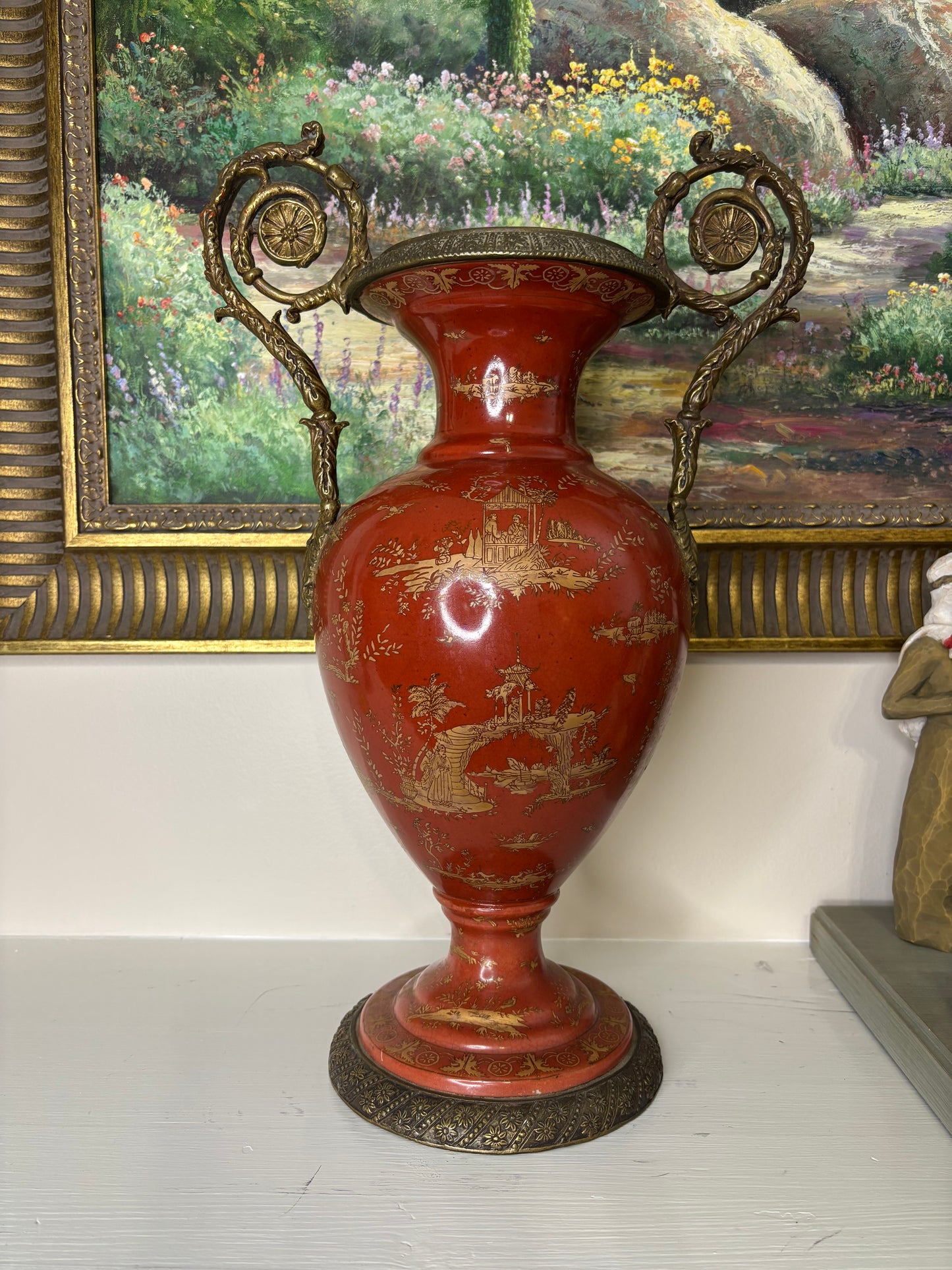 Gorgeous red and gold 18” vase with bronze ormolu handles and base!