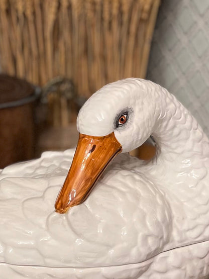 Elegant Mid Century Italian Hand Painted Goose Covered Dish – Base Greens, Rose & Gold