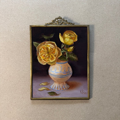 Yellow roses in classic vase original oil painting