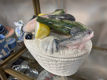 Stunning Italian Fish Tureen with raised fish and lemons and basket design!