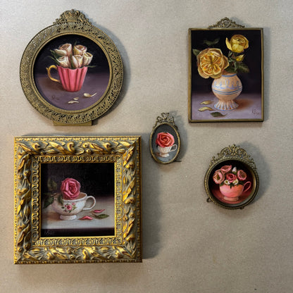 Pink roses in pink cup original oil painting in antique frame