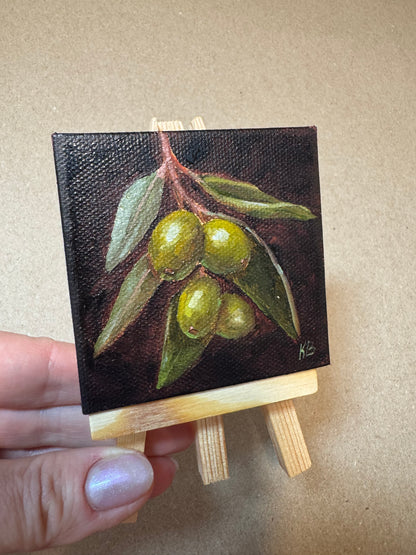 Live 06/19 mini art olives original oil paintings on stretched canvas 3x3”