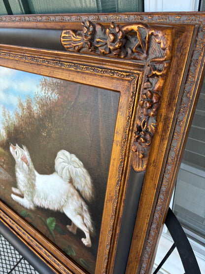 Beautiful signed painting of dog chasing a butterfly in ornate frame!