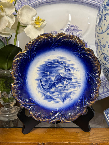 Antique English Flow Blue Fish Plate | Cobalt Blue & Gilt | Stoke-on-Trent | c.1900 | 8.5”