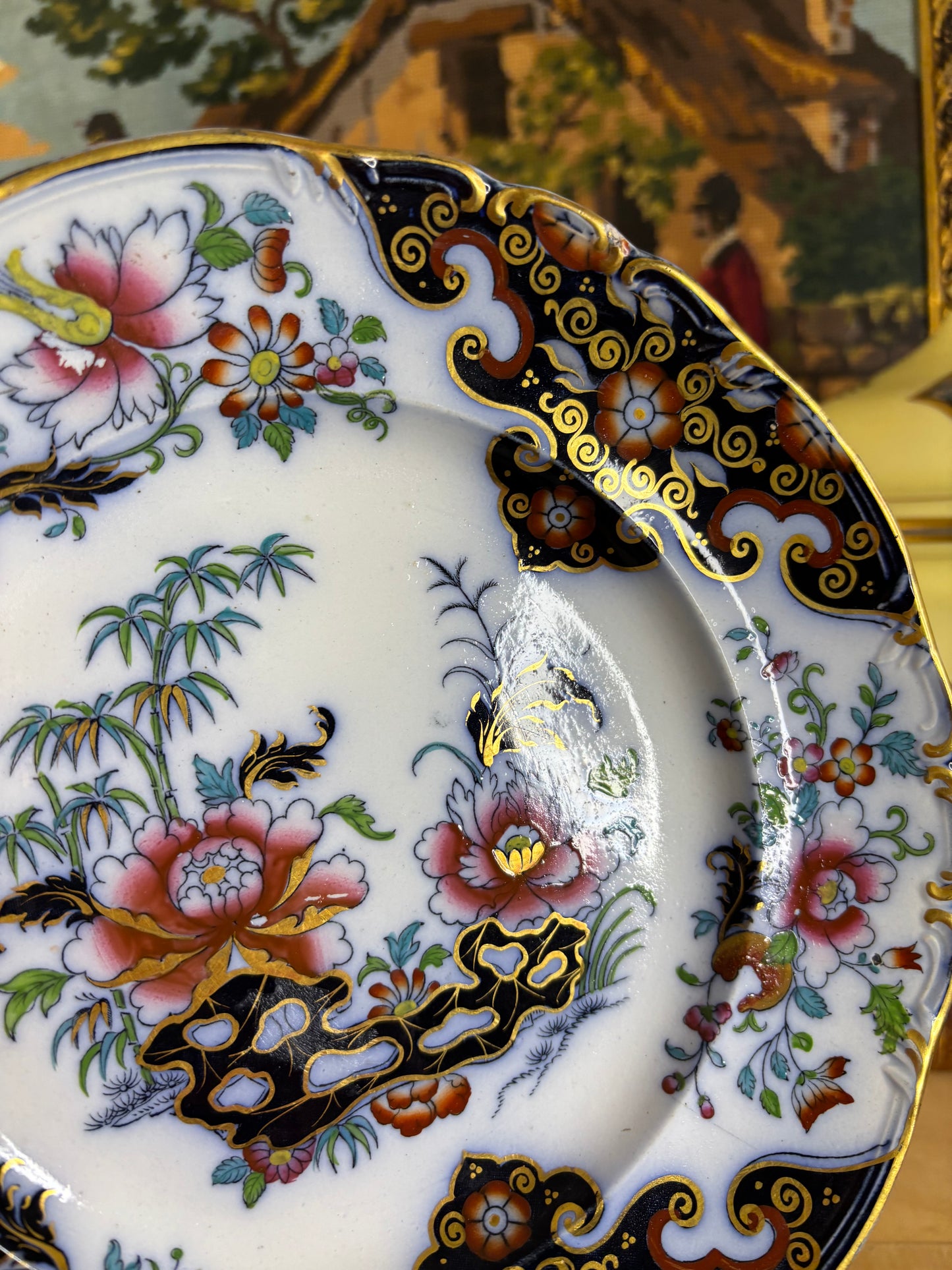 Antique Flow Blue dinner plate in the "Borneo" pattern by Ridgway & Abington!