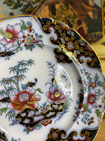 Antique Flow Blue dinner plate in the "Borneo" pattern by Ridgway & Abington!