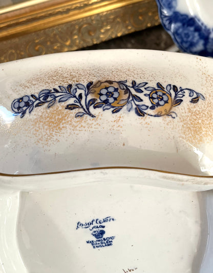 Rare English Gilded Flow Blue Rectangular Pedestal Bowl - Keeling & Co Burslem