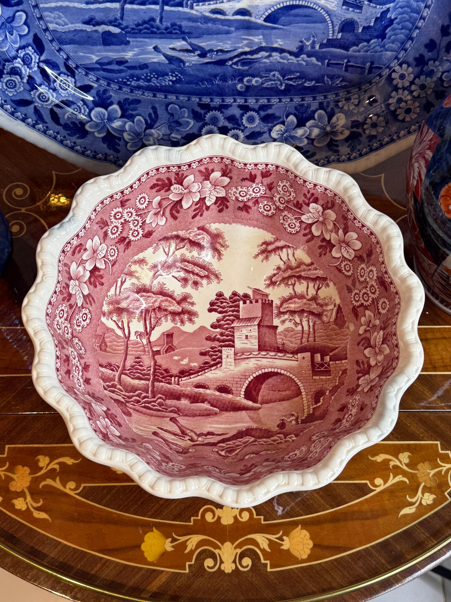Antique Copeland Late Spode Pink/Red Tower Transferware Pedestal Bowl, 11.25” Diameter x 5.25” Tall, c. 1895–1910