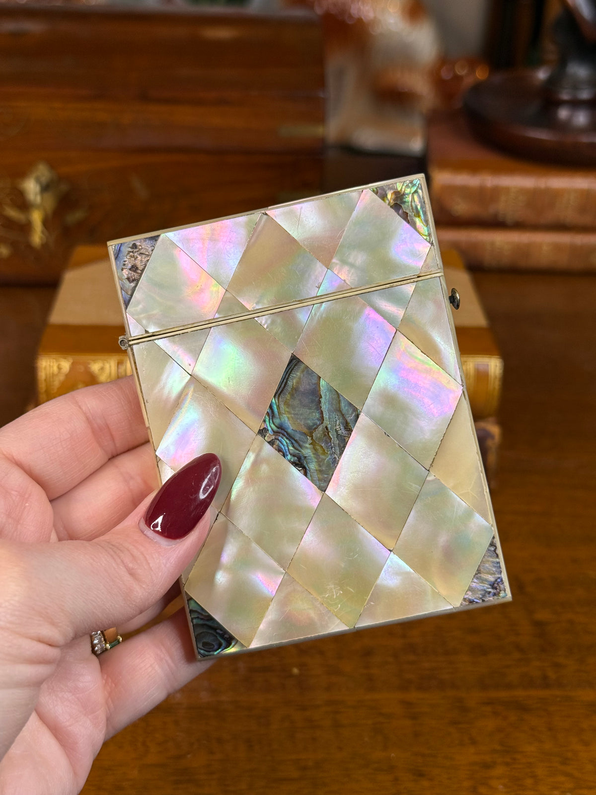 Antique Victorian Mother of Pearl & Abalone Calling Card Case with Sterling Silver Cartouche, c. 1880 – 3.25”