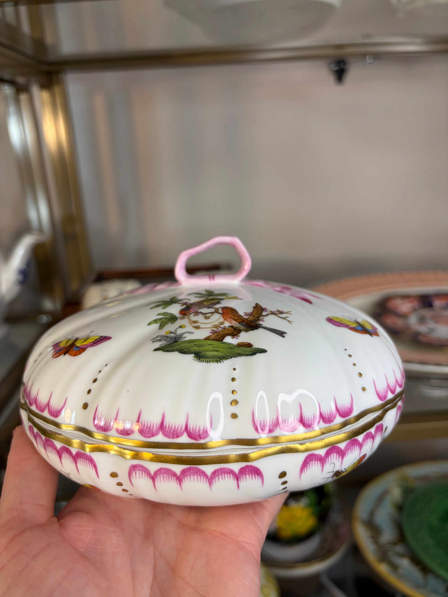 Gorgeous Herend Rothschild porcelain covered bonbon dish featuring hand-painted bird and butterfly motifs with a pink ribbon finial!
