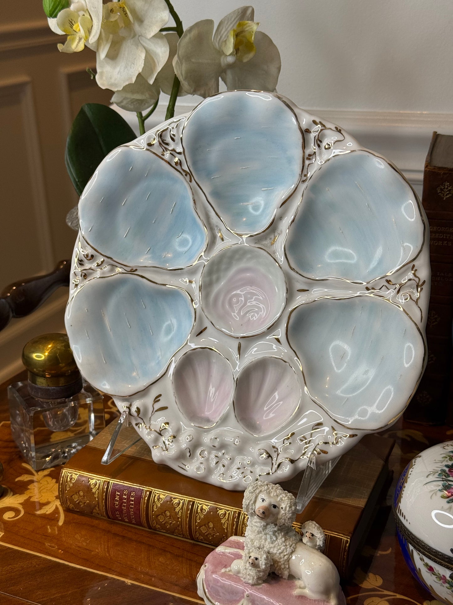 RESERVED - KRYSTIESHIRAH - Antique French 9”D Porcelain Oyster Plate | Pale Blue & Lavender Luster Wells with Gilt Accents | c.1900