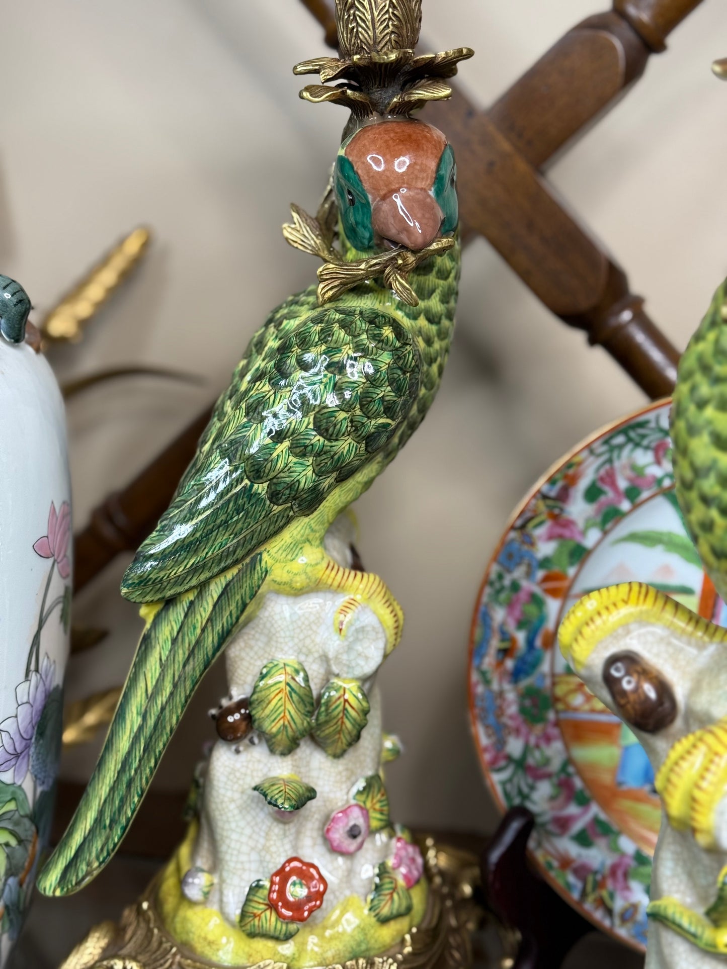 Danny's Fine Porcelain - 14.5” Tall Porcelain Parrot Candlestick Pair with Ormolu Mounts, Chinoiserie Rococo Style
