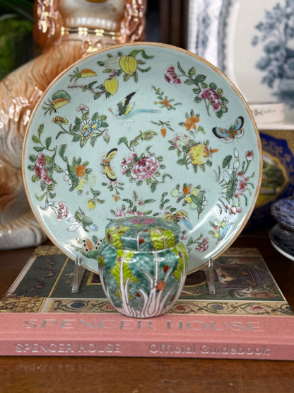 Vintage Chinese Bok Choy Porcelain Lidded Jar | Famille Verte Style | 3”