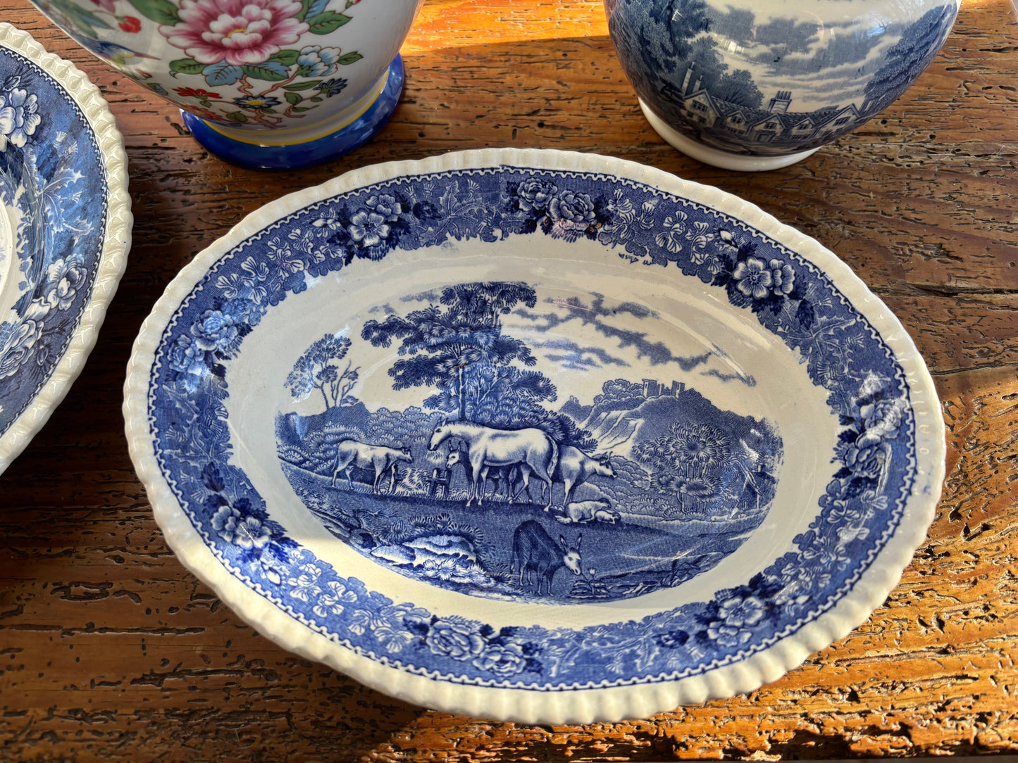 “English Scenic” Blue and white transferware oval bowl by Adams England featuring horses pasture scene!