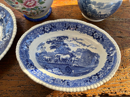 “English Scenic” Blue and white transferware oval bowl by Adams England featuring horses pasture scene!