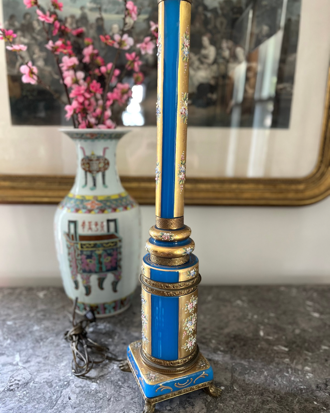 French Opaline & Bronze Column Lamp | Hand-Painted Enamel Florals Circa 1890-1920